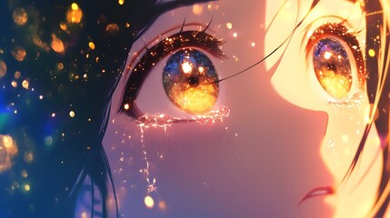 Close-up of woman with teary eyes, colorful anime style