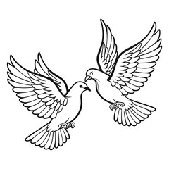Obraz premium Soaring Harmony: Two doves gracefully take flight, their forms rendered in elegant black and white lines, suggesting peace, love and serenity. 