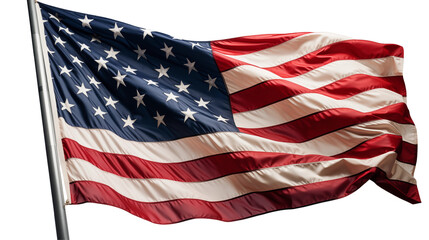 Waving American flag in wind, patriotic national symbol, stars & stripes, freedom, independence, red white blue backdrop, isolated on transparent background.