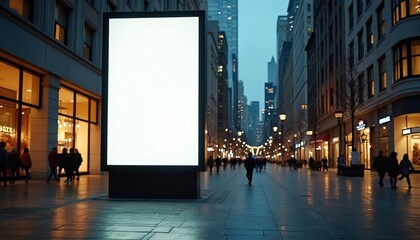 Blank digital billboard in urban area evening. Advertising mockup for creative content, ample copy space. Empty commercial display, city landscape, business promotion. Night lights attract attention