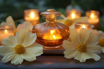 Obraz premium Amber-colored perfume bottle and candles with cosmos flowers.
