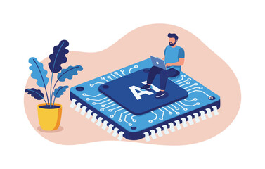 AI Development A Flat Illustration Depicting a Programmer Working on Artificial Intelligence Technologies and Innovations,  Showcase Cutting-Edge Software Development and Technological Advancements