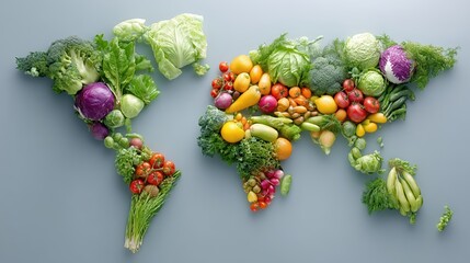 Vibrant Array of the Healthiest Food Creating a World Map Layout Showcasing Global Diversity