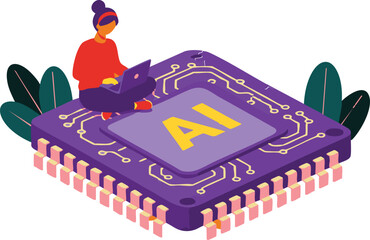 Obraz premium AI Revolution A Flat Illustration Depicting the Future of Technology and Human Collaboration in the Digital Age