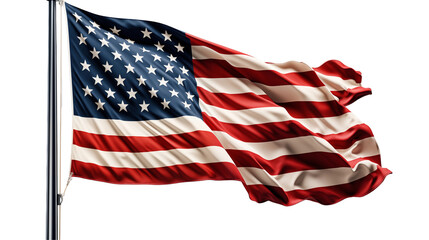 Waving American flag, patriotic national symbol, stars & stripes, July 4th, American heritage, red white blue, isolated on transparent background.