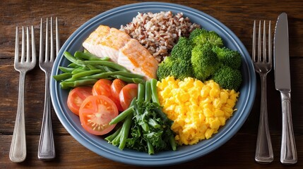 Healthy Eating Plate Filled With Nutritious Foods Including Grains, Vegetables, and Proteins