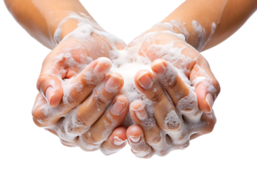 Clean hands washing soap suds isolated on a white background