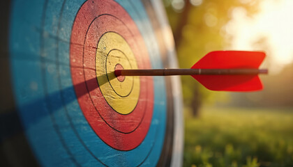 An arrow hits the bullseye target. Represents achievement success goal. Archery sport with wooden arrow, target rings. Competition concept. Close up shot with blurred background, sunny day.
