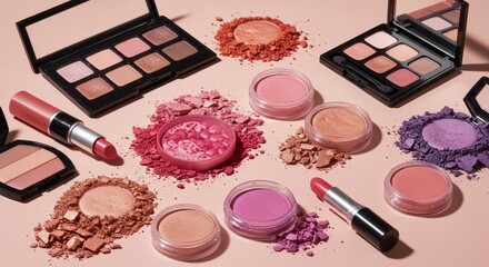 Makeup Product Flatlay - A beautiful flatlay showcasing a variety of makeup products, including eyeshadow palettes, blush, lipstick and powder