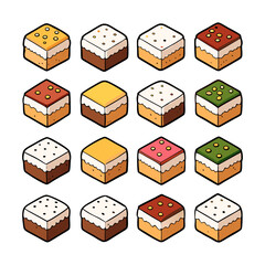 Isometric Set of Square Desserts and Cakes