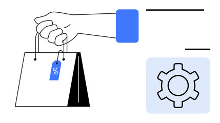 Hand holds a shopping bag with a discount tag alongside a gear icon. Ideal for e-commerce, retail, shopping deals, marketing, sales strategy, customer focus, simple landing page