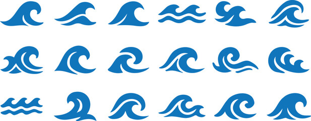 Blue stylized wave and sea icons representing ocean water, marine elements, fluidity, and aquatic design illustrations