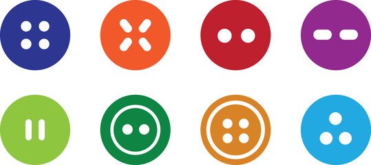Round colorful clothing and media control button icons in flat design for fashion, sewing, or digital interface use