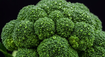 Fresh Broccoli with Dew Drops - Vibrant green broccoli, glistening with water droplets, symbolizes health, freshness, nutrition, vitality, and nature's bounty