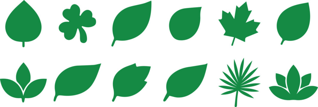 Green flat leaf and plant icons with various botanical shapes representing nature, ecology, and eco-friendly environment concepts