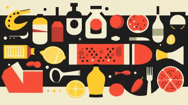 modern minimal art poster design, kitchen and dining table theme, top view lemon, cheese, bottle, things scattered on table