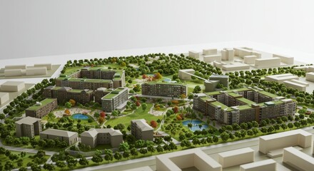 Eco-Friendly Residential Development Model - Architectural model showcasing a sustainable residential community with green spaces, parks, and modern buildings