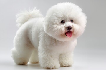 Fototapeta premium A small white dog standing on a white surface with its tongue out