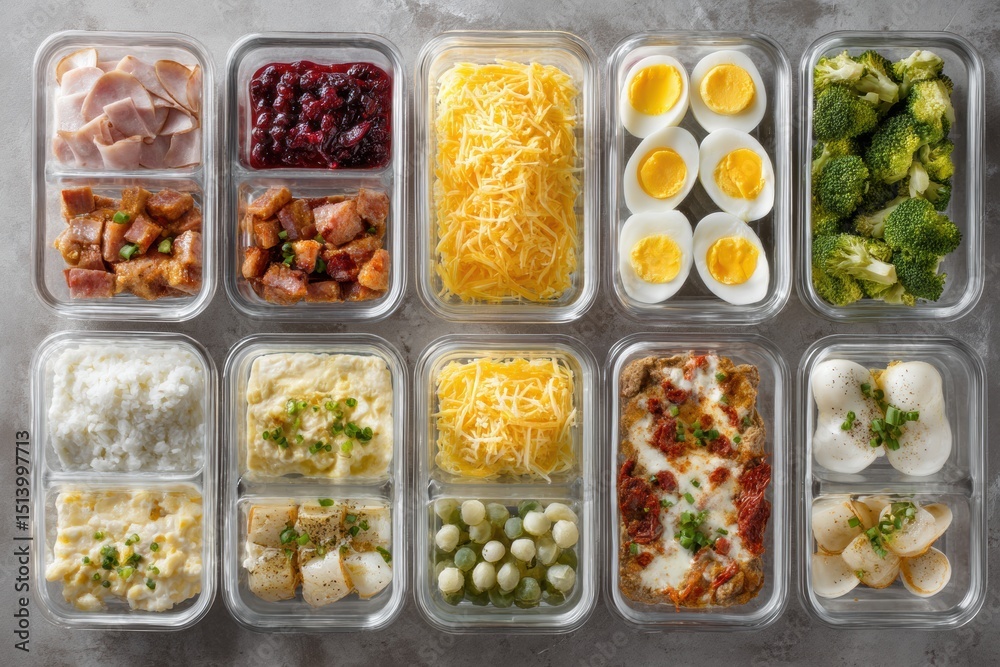 Aufkleber organized meal prep featuring frozen breakfast foods in clear containers laid out on a clean surface