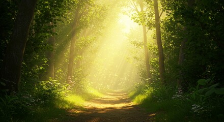 Fototapeta premium Sunlit Forest Path - A sun-dappled path winds through a mystical forest, symbolizing hope, journey, discovery, serenity, and nature's magic