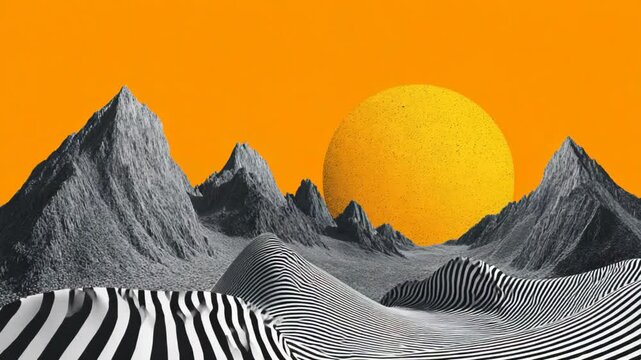 collage style surreal landscape, grey mountain with bright yellow full moon at horizon, psychedelic 