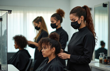 Obraz premium Women in hair salon during pandemic with social distance. Stylists wearing protective masks, perform haircutting services. Clients wear capes. Beauty industry, new normal, safety, health, face