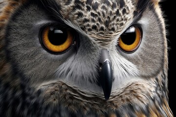 A close up of an owl's face with yellow eyes