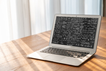 Mathematic equations and modish formula on computer screen showing concept of science and education