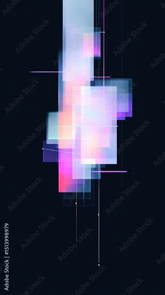 Poster colorful wave geometry design in synthwave style with pastel tones on dark background