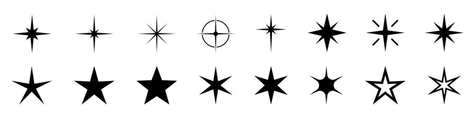 Star icons. Shine icons set. Twinkling stars. Symbols of sparkle, glint, gleam, etc.