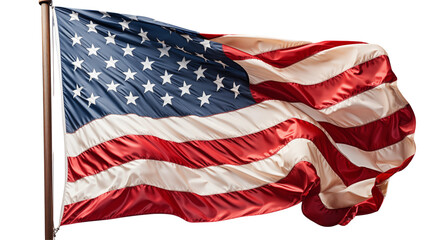 American flag waving proudly, stars and stripes, patriotic USA symbol, freedom independence, nationalism backdrop, isolated on transparent background.