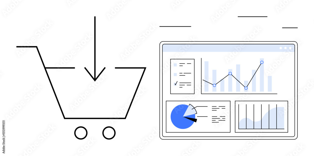 Poster shopping cart with arrow and dashboard displaying charts, graphs, and analytics. ideal for e-commerc