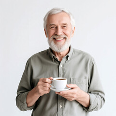 Happy senior man with a gray beard enjoying a cup of coffee and smiling warmly at the camera, creating a positive and inviting atmosphere .