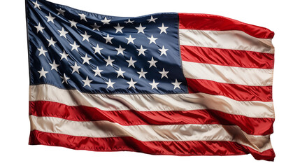 Proud American flag wave, stars and stripes, patriotic USA symbolism, freedom independence, red white blue, isolated on transparent background.