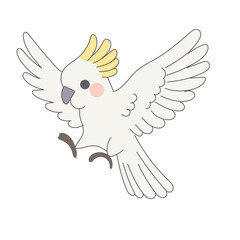 Naklejka premium White Cackatoo Parrot Bird Cartoon Character. Funny Cute Doodle Bird Icon. Exotic Mascot Outline Design. Baby Kid Nursery Room Decoration. Positive Kawaii Adorable Cartoon Character Portrait