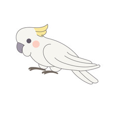 White Cackatoo Parrot Bird Cartoon Character. Funny Cute Doodle Bird Icon. Exotic Mascot Outline Design. Baby Kid Nursery Room Decoration. Positive Kawaii Adorable Cartoon Character Portrait