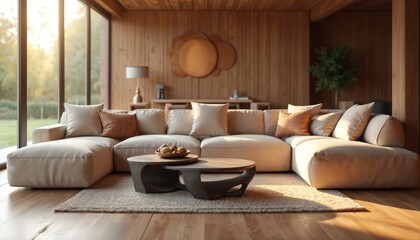Modern Scandinavian living room interior. Cozy sofa with soft pillows, round coffee table, wooden wall decoration. Natural light creates warm, inviting atmosphere. Interior design, comfort, elegance,