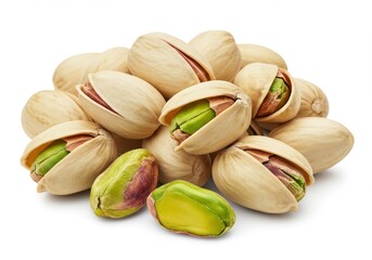 Pile of pistachios isolated on white background, some shelled and showing the green nut