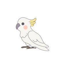 White Cackatoo Parrot Bird Cartoon Character. Funny Cute Doodle Bird Icon. Exotic Mascot Outline Design. Baby Kid Nursery Room Decoration. Positive Kawaii Adorable Cartoon Character Portrait