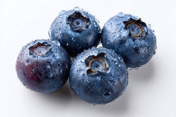 Close up shot of four blueberries covered in water droplets on a white background surface
