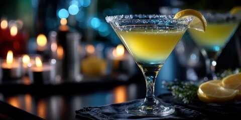 Elegant cocktail sitting on a table with candles and a festive atmosphere in the background during an evening gathering