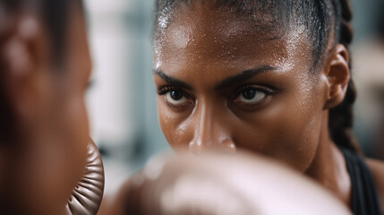 Focused african female boxer training intensity in gym concept of fitness, sportswear, athletic coaching
