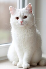 Fototapeta premium A white cat sitting on a window sill looking out the window