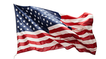 Proud American flag in breeze, patriotic USA symbol, stars and stripes, freedom, Independence Day nationalism, isolated on transparent background.