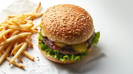 Overhead layout of a pickle-topped burger with skinny fries, softly shadowed on bright white for crisp, clean appeal.