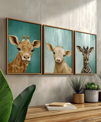 Adorable Nursery Wall Art: Set of Three Framed Cute Giraffe Illustrations