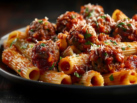 Classic Italian American comfort food: Rigatoni pasta with hearty meatballs