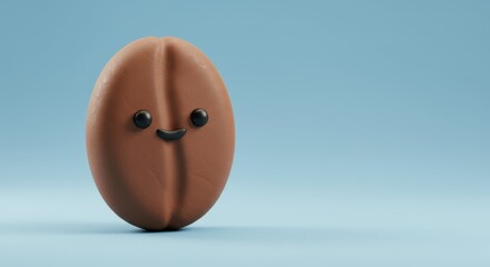 Happy Coffee Bean Cartoon - Adorable 3D cartoon coffee bean with a smiling face, against a light blue background. Perfect for coffee-related projects