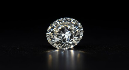 Sparkling Diamond Gemstone on Black Background 2025-05-16 - A single, brilliant-cut diamond rests on a black surface, reflecting light. Symbolizing luxury, brilliance, purity, value, and perfection
