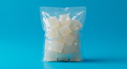 Cubed Gelatin Dessert in Clear Packaging - A bag of translucent, cubed gelatin dessert. Purity, freshness, simplicity, sweetness, and treat